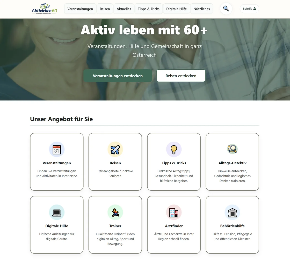 Original-Screenshot der AktivLeben60-Startseite mit Veranstaltungen, Reisen, Tipps und digitaler Hilfe